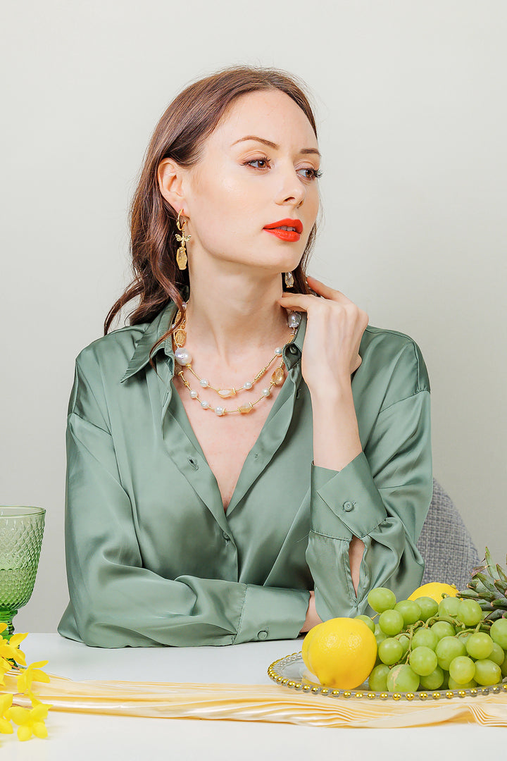 Citrine With Baroque Freshwater Pearl Long Necklace EN046 - FARRA