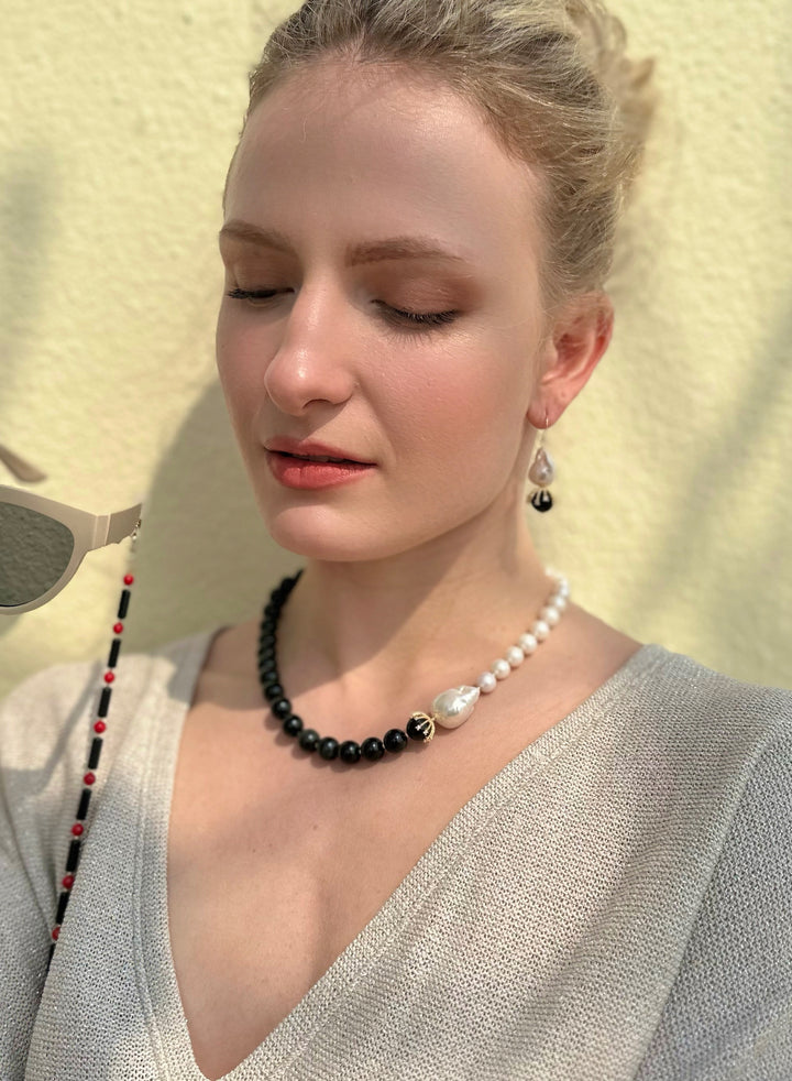 Freshwater Pearls With Black Obsidian Necklace JN060 - FARRA