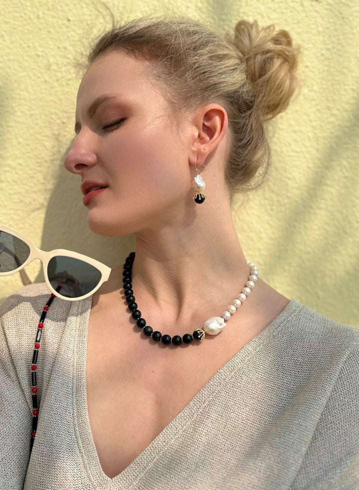 Freshwater Pearls With Black Obsidian Necklace JN060 - FARRA