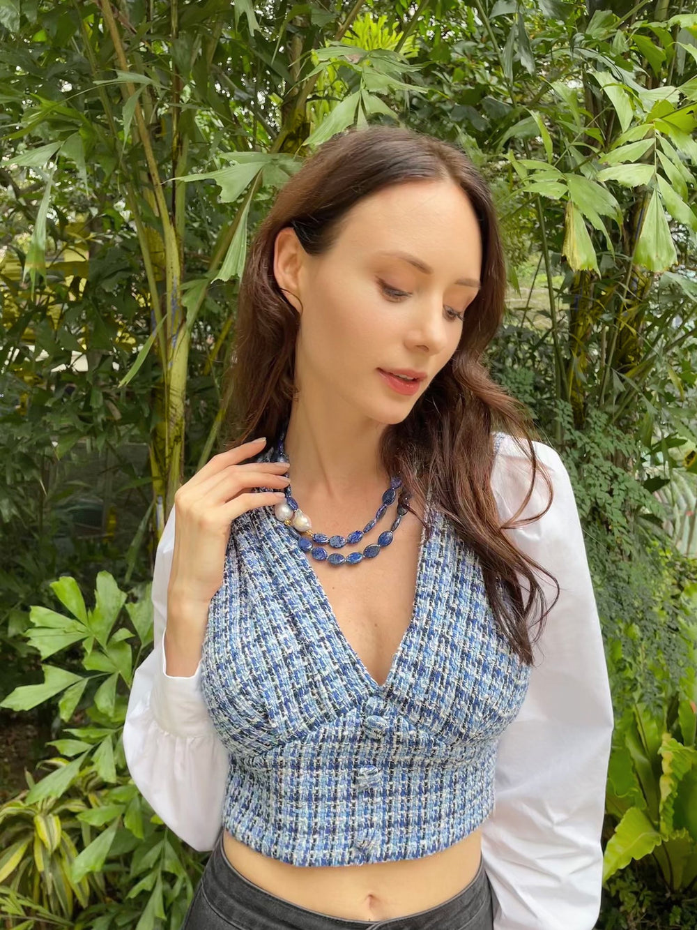 Lapis With Baroque Pearl Double Strands Necklace GN020 - FARRA