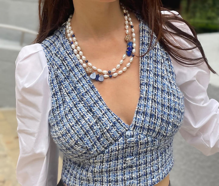 Freshwater Pearls With Lapis & Rhinestones Multi-Way Necklace GN019 - FARRA