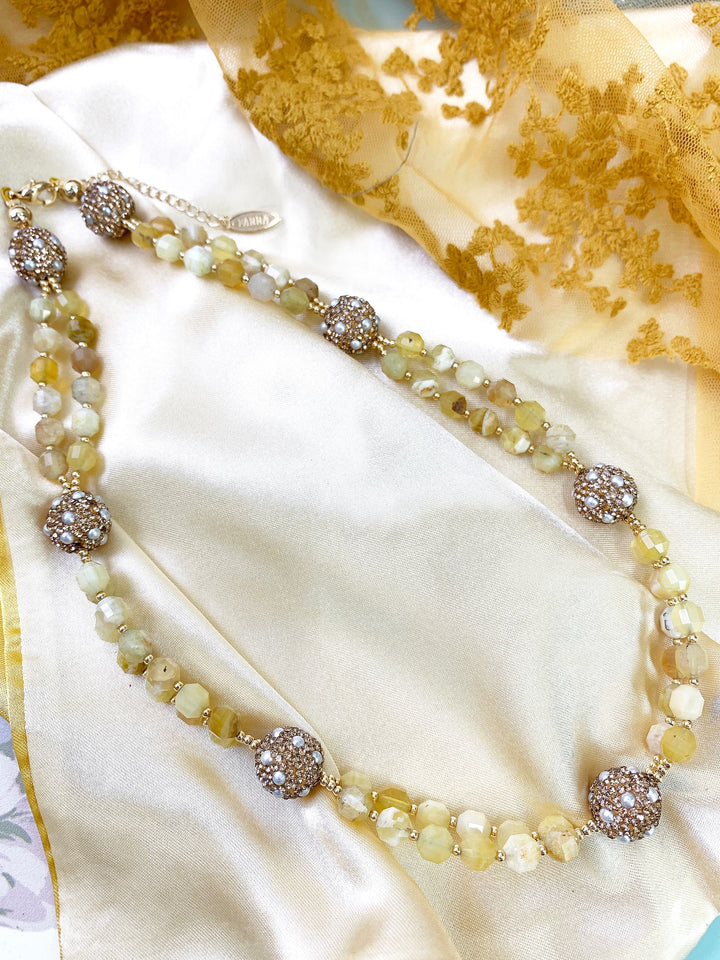 Yellow Opal With Rhinestone Bordered Pearls Short Necklace GN011 - FARRA