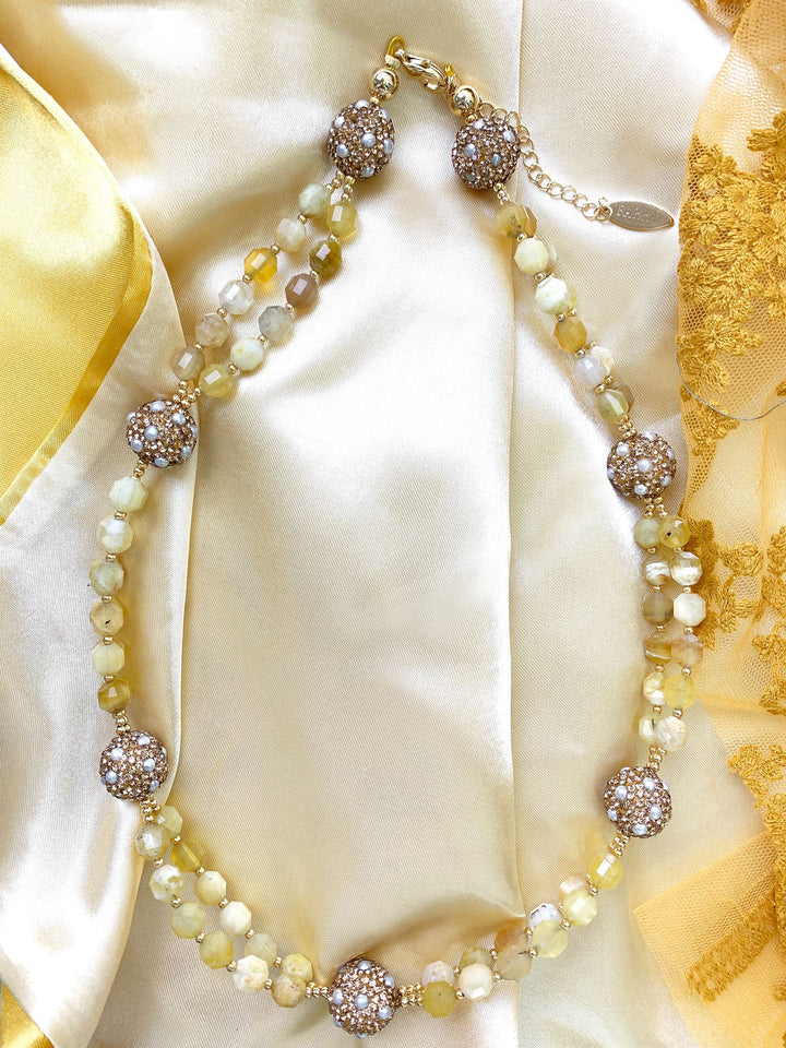 Yellow Opal With Rhinestone Bordered Pearls Short Necklace GN011 - FARRA