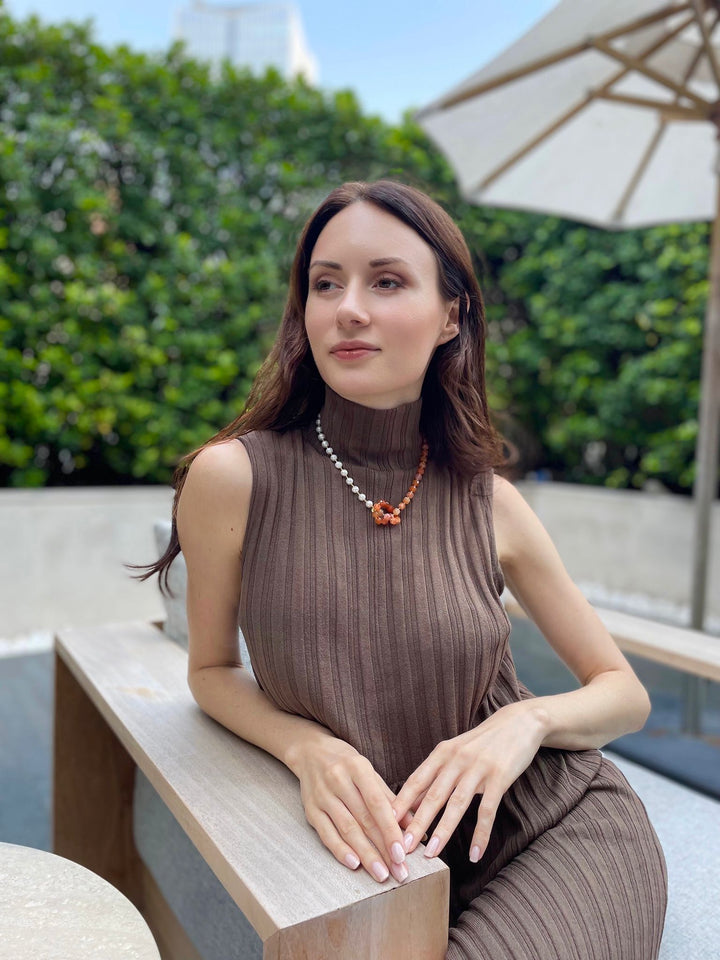 Knotted Orange Agate With Freshwater Pearl Necklace GN003 - FARRA