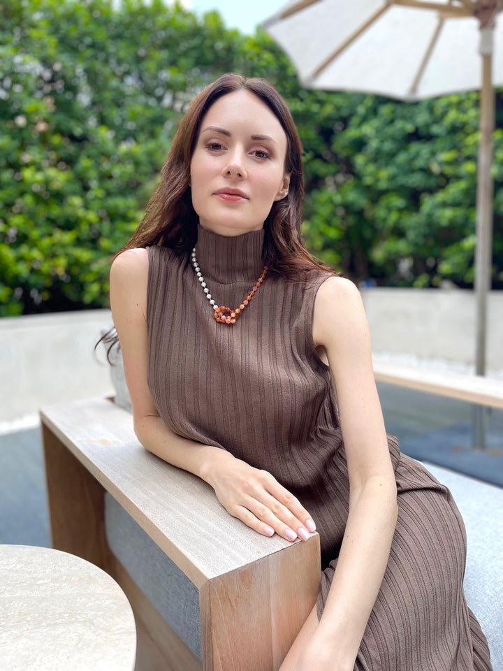 Knotted Orange Agate With Freshwater Pearl Necklace GN003 - FARRA