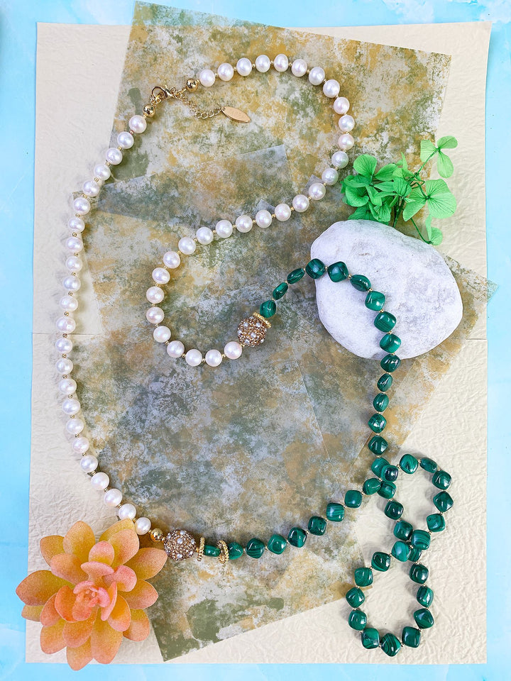 Malachite With Freshwater Pearls Multi-Way Necklace GN014 - FARRA