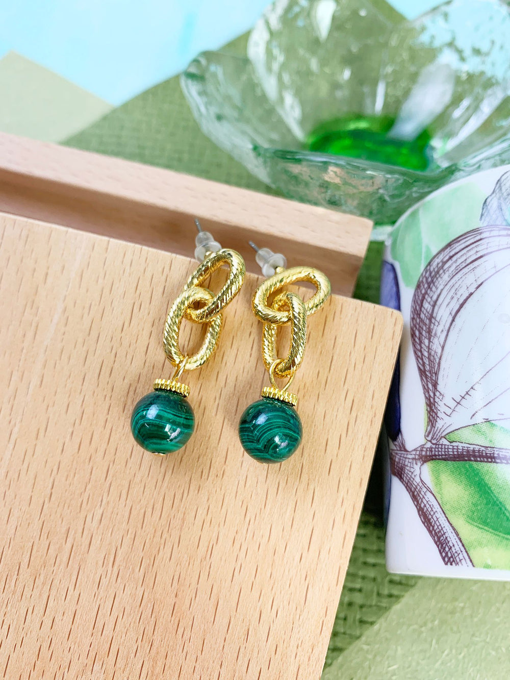 Malachite Chain Minimalist Earrings GE013 - FARRA