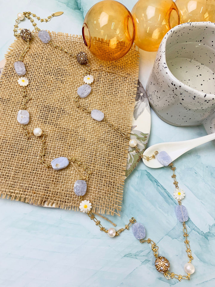 Blue Lace Agate With Daisy Flower Charm & Rhinestones Multi-Way Chain Necklace GN022 - FARRA