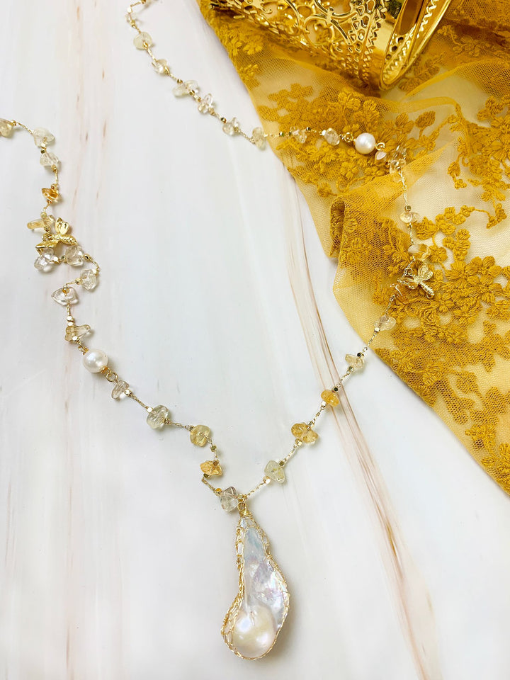 Citrine With Baroque Pearl Pendant & Bee Charms Multi-Way Chain Necklace GN012 - FARRA