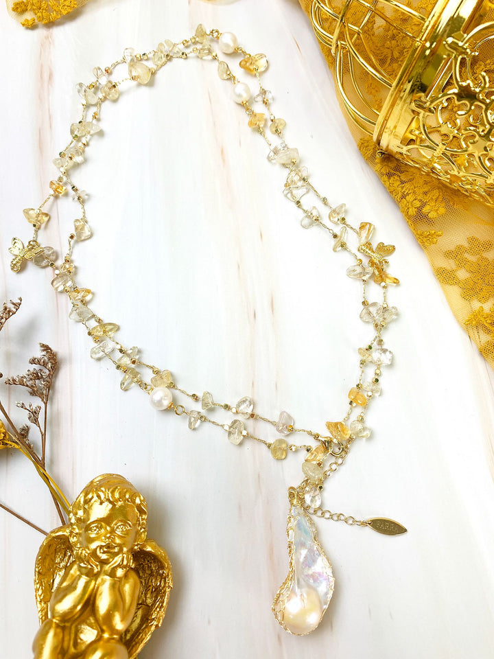 Citrine With Baroque Pearl Pendant & Bee Charms Multi-Way Chain Necklace GN012 - FARRA