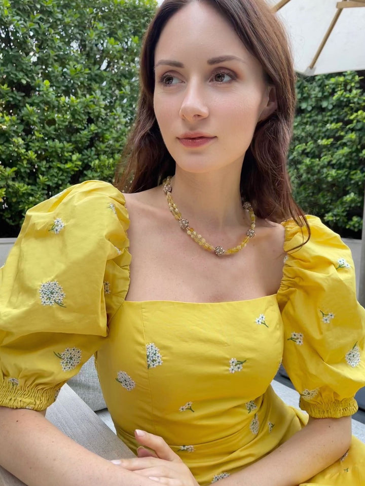Yellow Opal With Rhinestone Bordered Pearls Short Necklace GN011 - FARRA