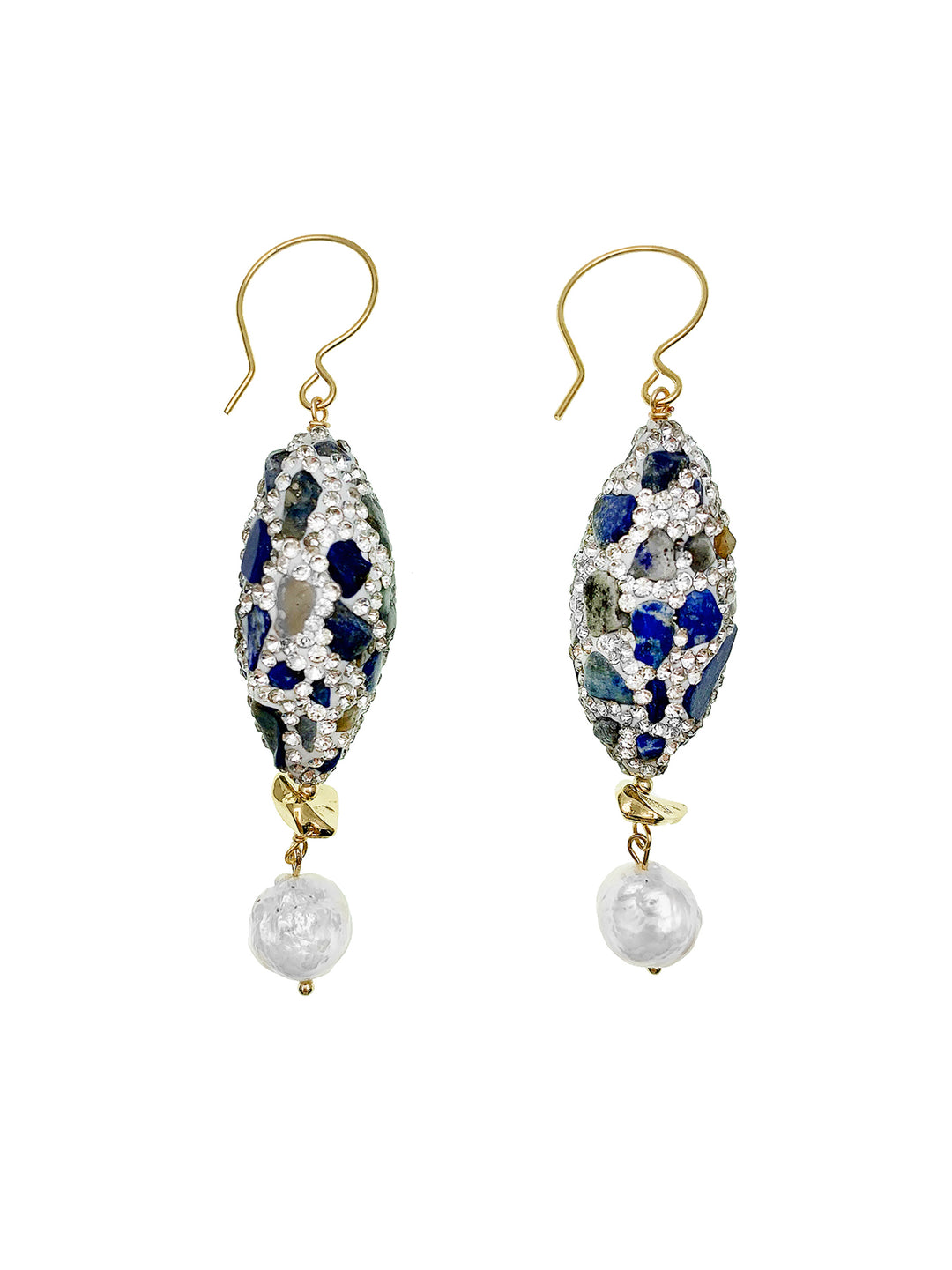 Lapis Rhinestone With Freshwater Pearls Dangle Earrings EE017 - FARRA
