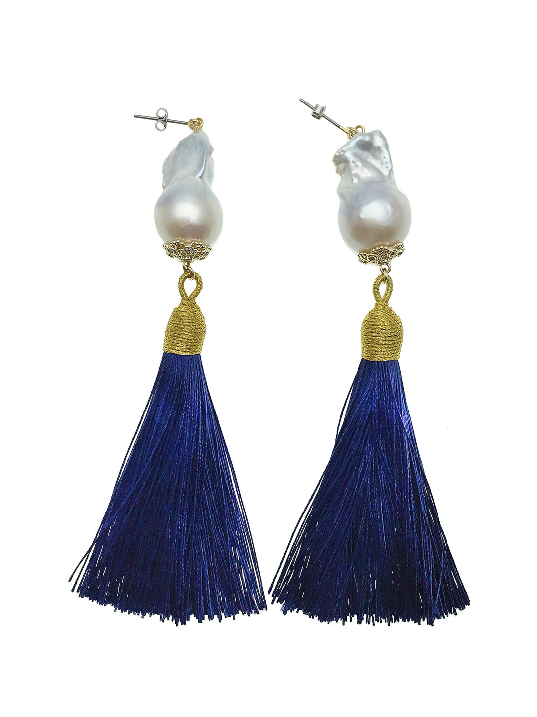 Baroque Pearls With Deep Blue Tassel Earrings CE001 - FARRA