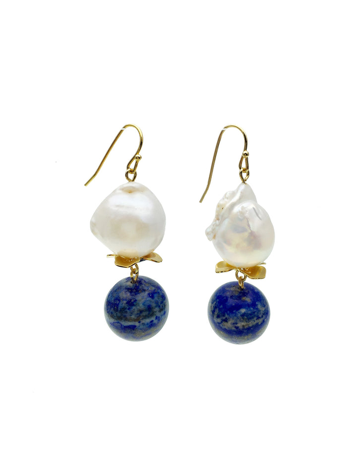 Freshwater Pearl With Lapis Lazuli Hook Earrings AE010 - FARRA