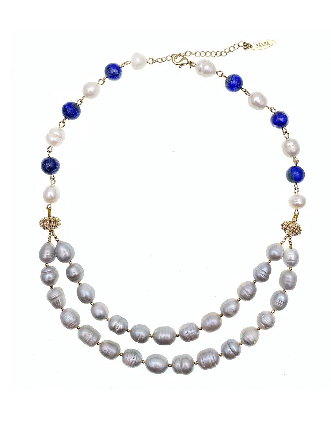 Gray Freshwater Pearls With Round Lapis Double Strands Necklace FN010 - FARRA