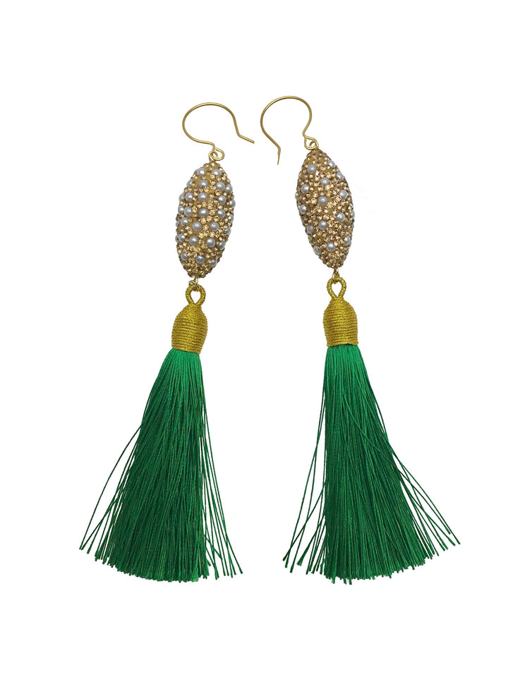 Rhinestones With Green Tassel Earrings CE037 - FARRA