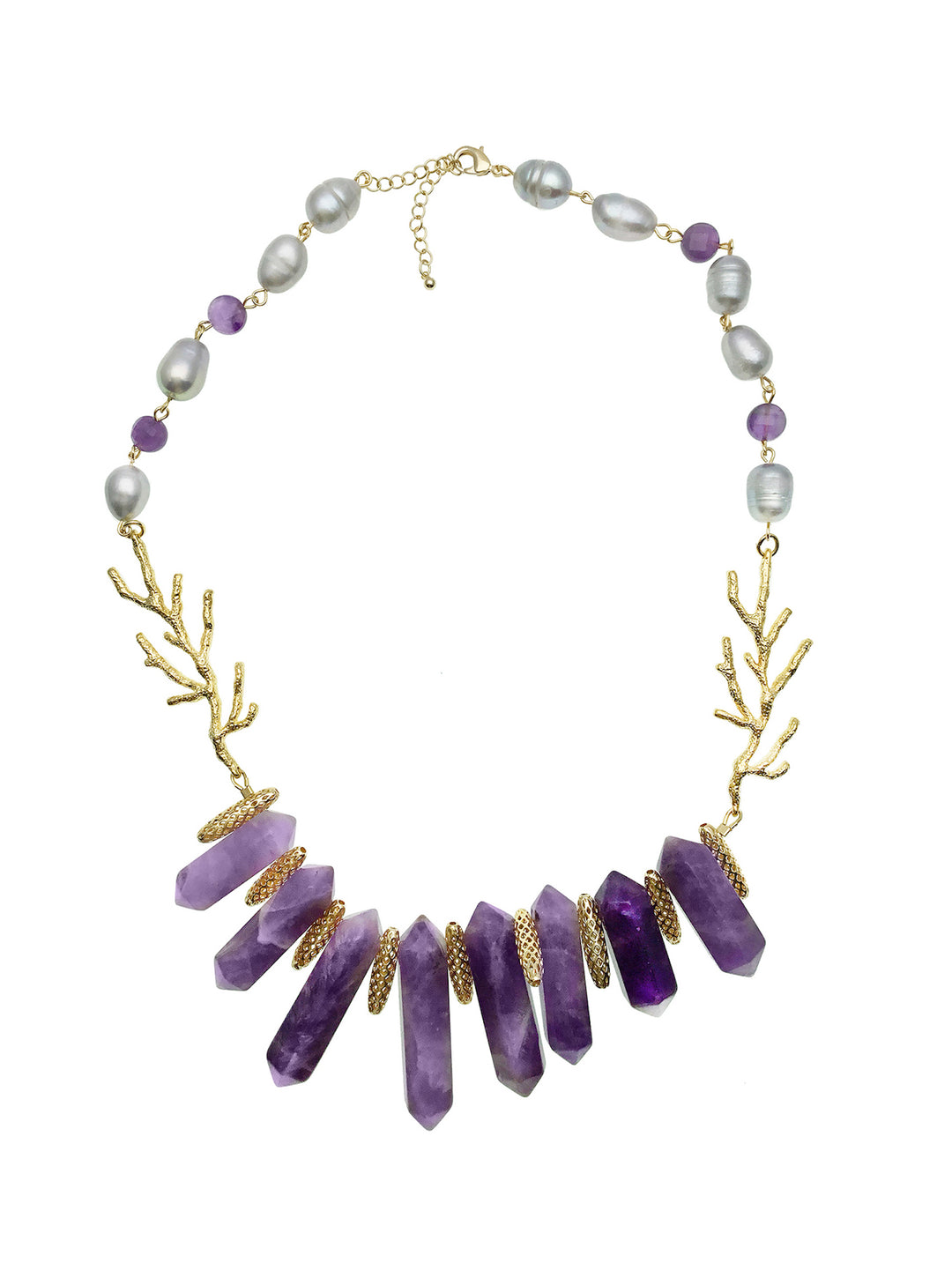 Gray Freshwater Pearls With Amethyst Statement Necklace CN014 - FARRA