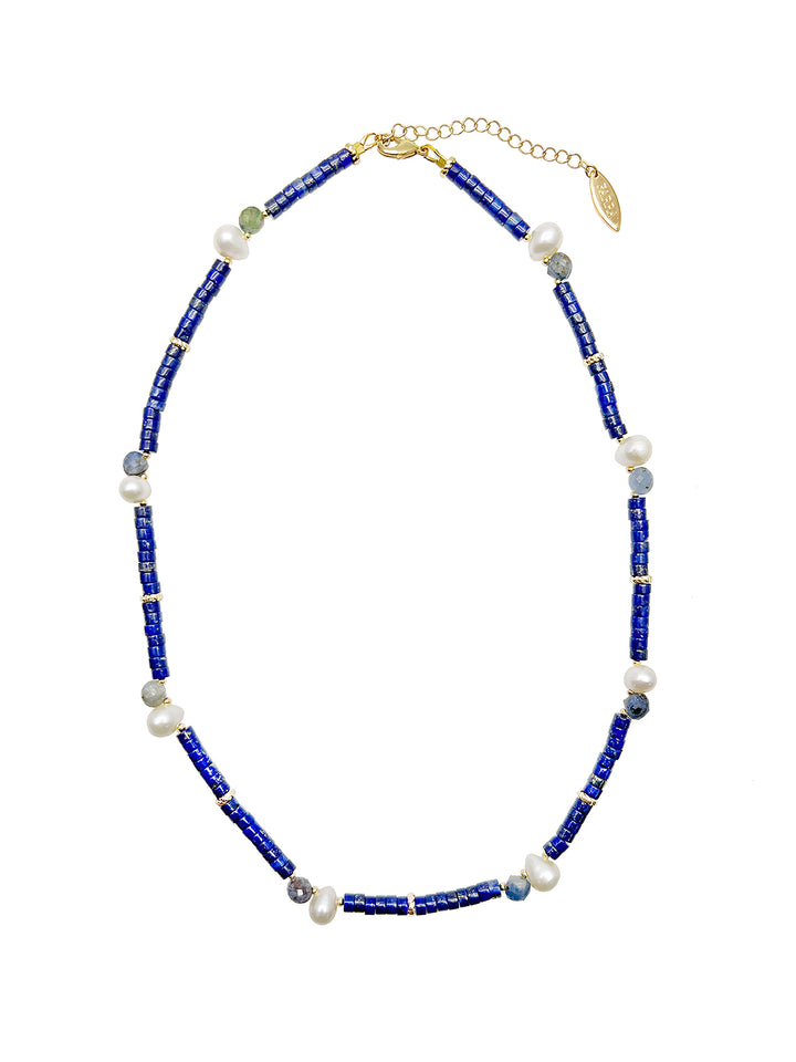 Lapis with Teardrop Pearls Dainty Necklace JN030 - FARRA
