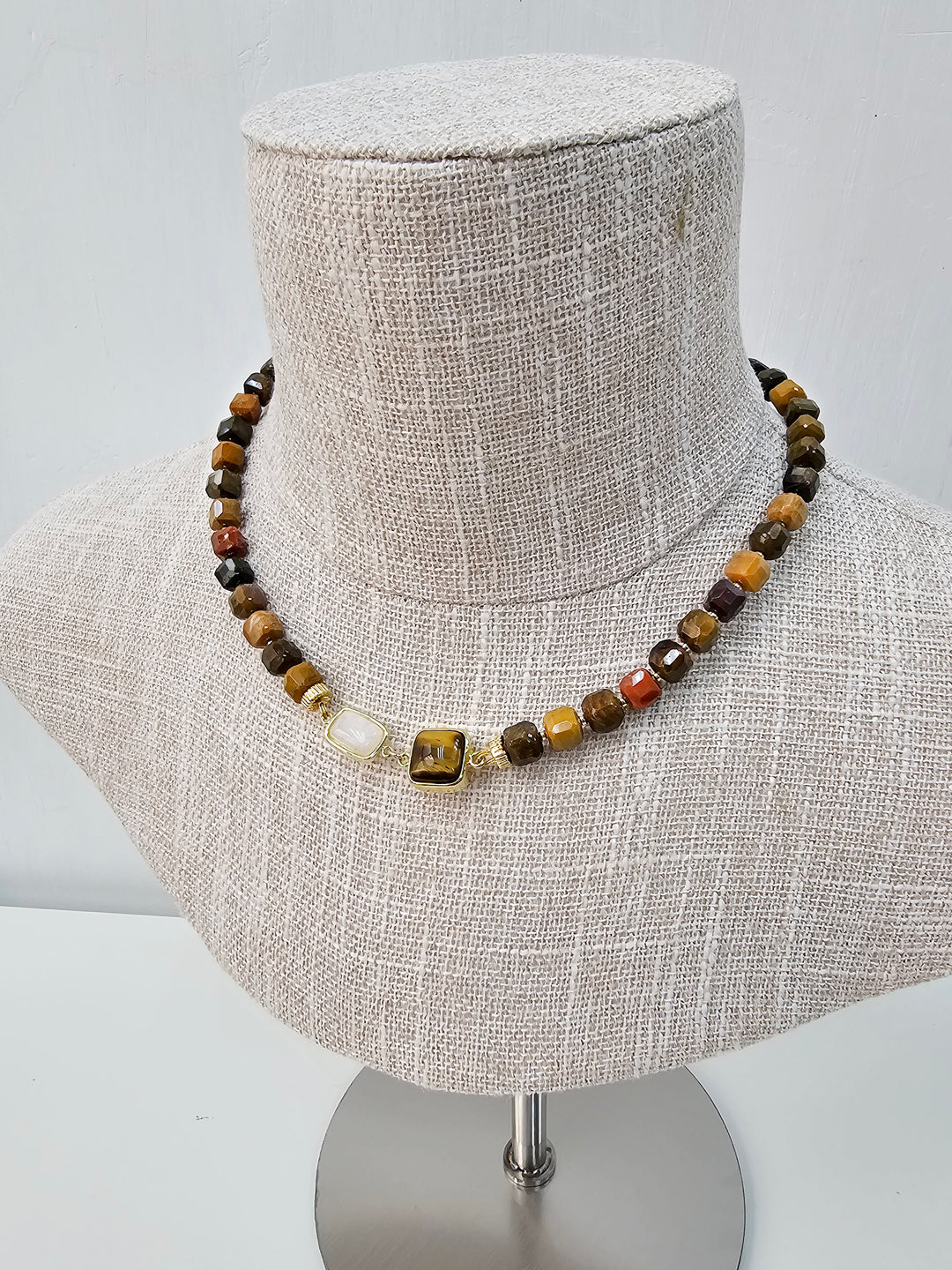 Cube Shaped Tiger Eye With Moonstone Necklace NN029