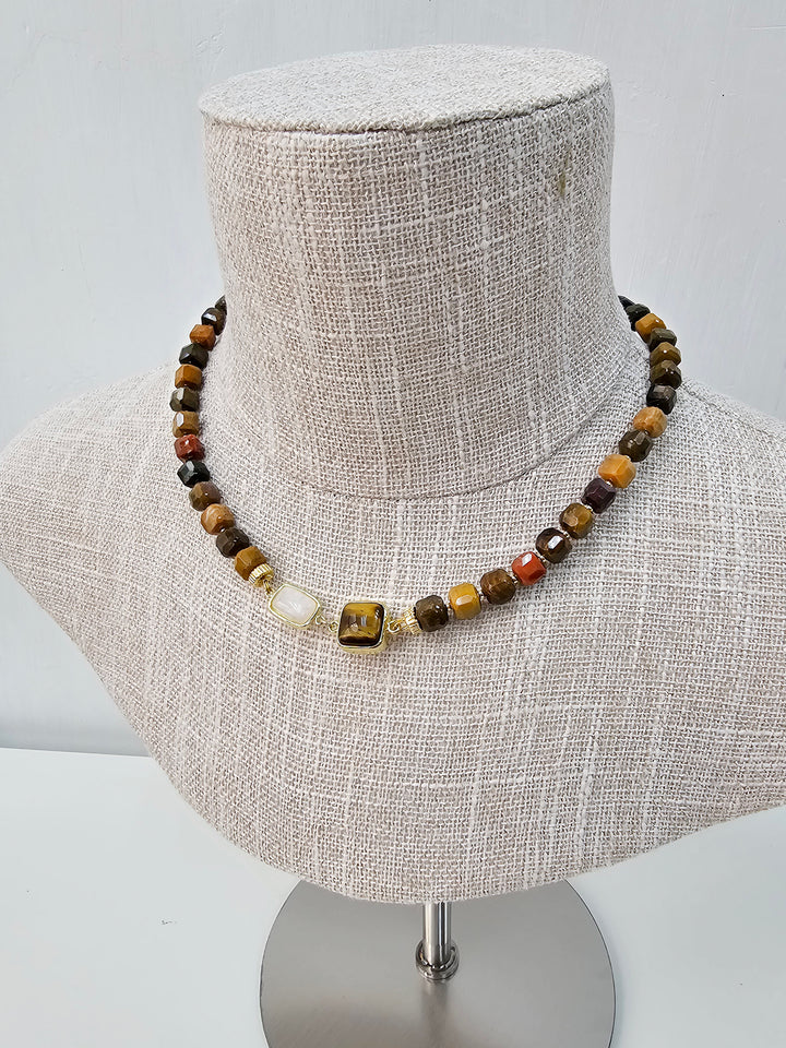 Cube Shaped Tiger Eye With Moonstone Necklace NN029