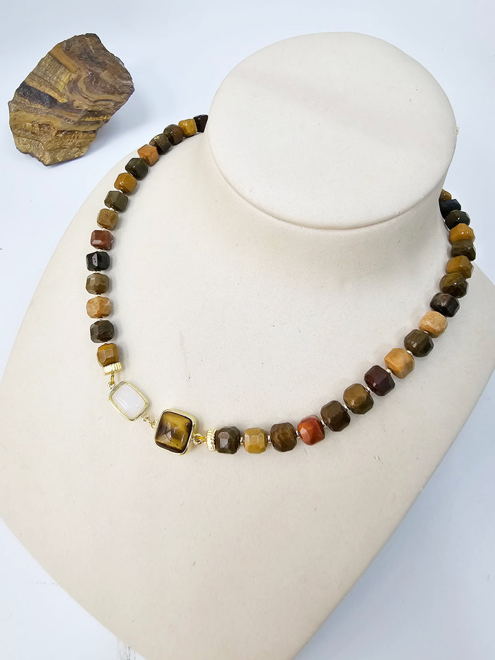 Cube Shaped Tiger Eye With Moonstone Necklace NN029