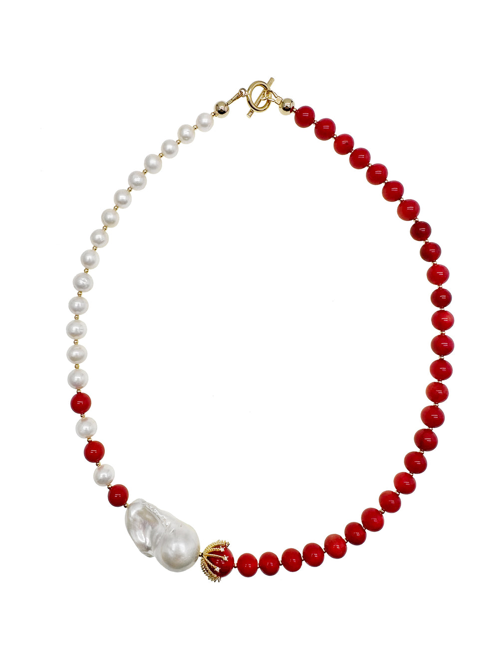 Red Bamboo Coral & Freshwater Pearls Asymmetric Necklace KN052 - FARRA