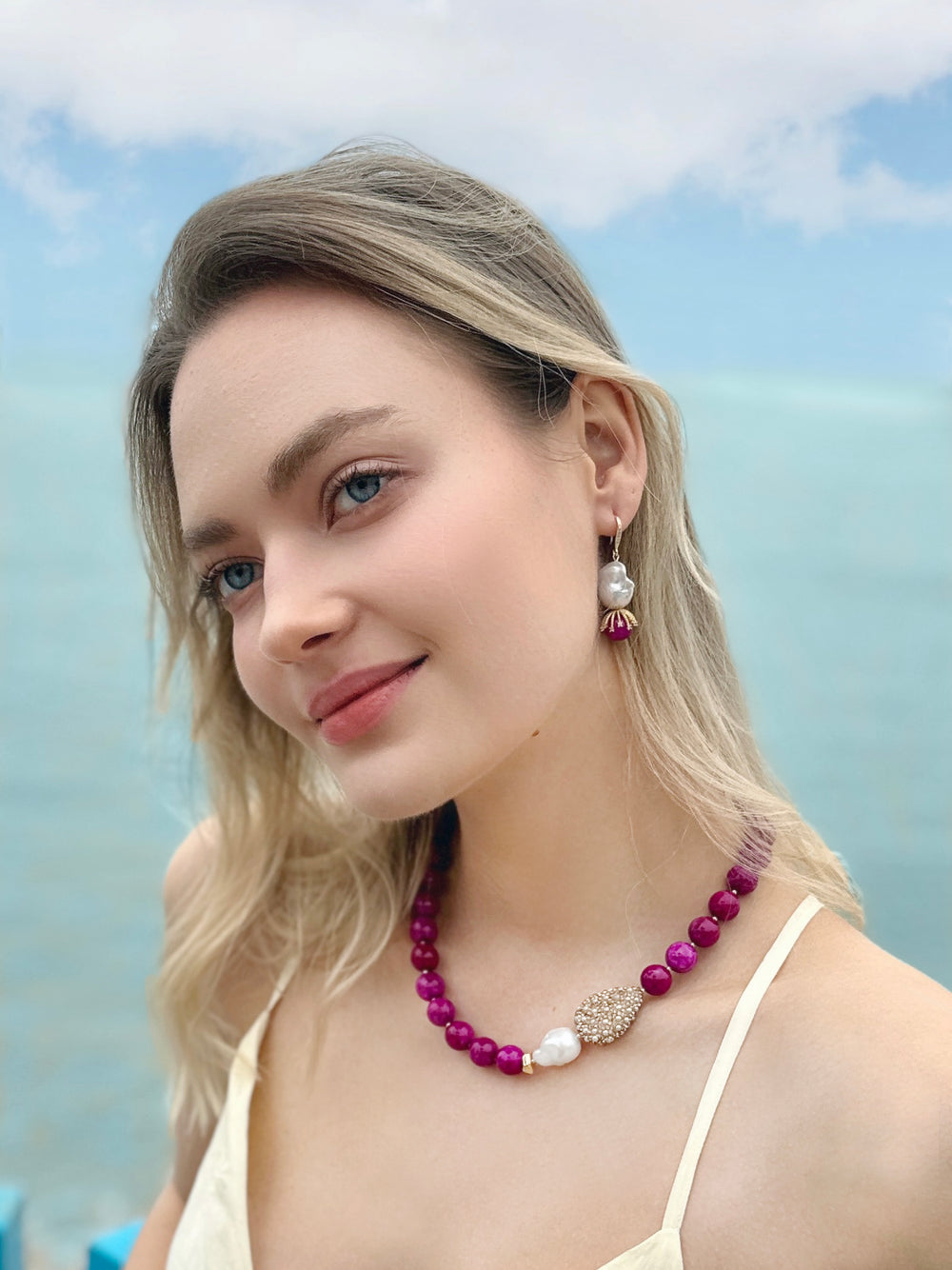 Magenta Gemstone with Baroque Pearl Pendant Statement Necklace LN013 - FARRA