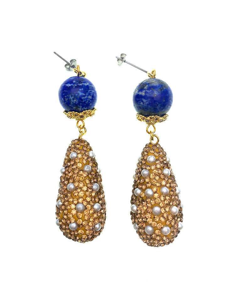 Lapis With Teardrop Rhinestones Sophisticated Dangle Earrings FE013 - FARRA