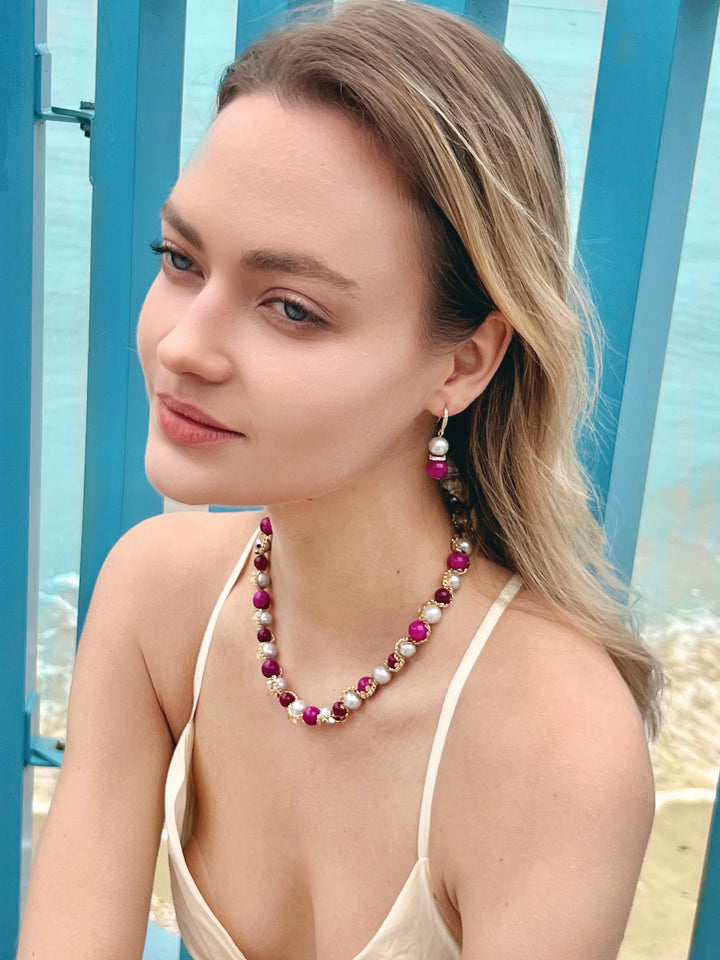 Gray Freshwater Pearls With Magenta Gemstone Statement Necklace LN012 - FARRA