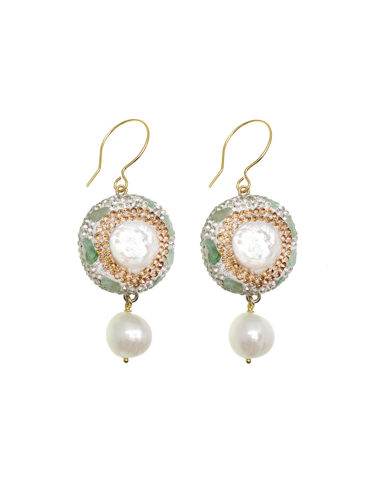 Aventurine Rhinestone With Freshwater Pearl Dangle Earrings GE015 - FARRA