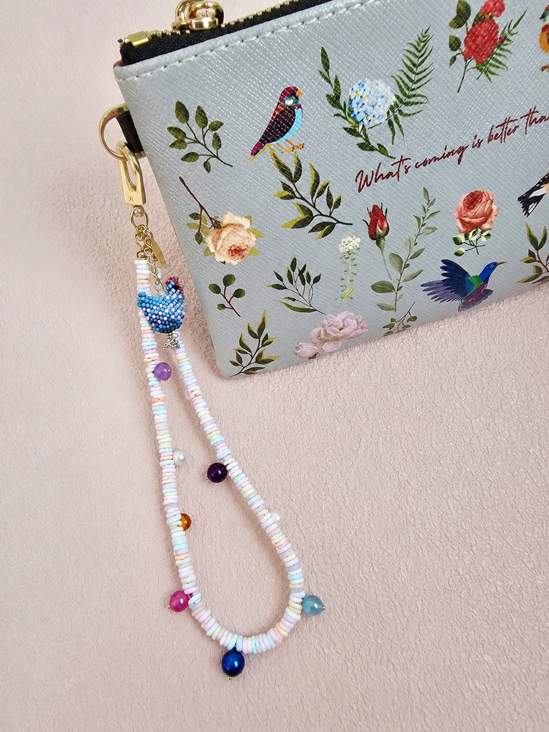 Pink Shell With Handcrafted Chicken Charm And Colorful Gemstone Phone Strap PC143