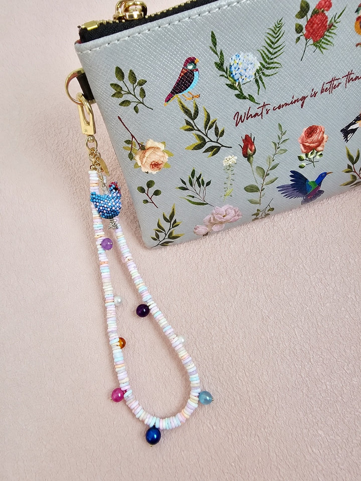 Pink Shell With Handcrafted Chicken Charm And Colorful Gemstone Phone Strap PC143