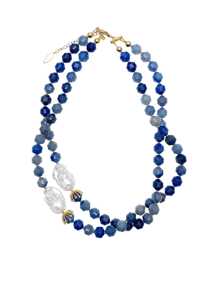 Blue Aventurine With Baroque Pearls Double Strands Necklace HN007 - FARRA