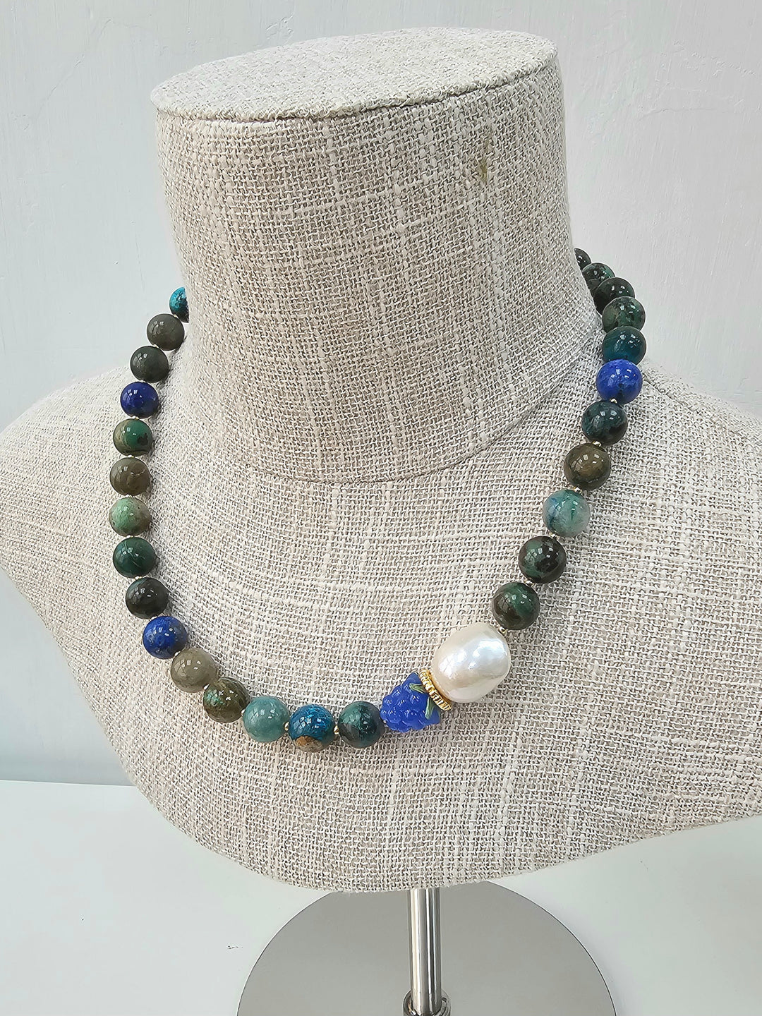 Phoenix Lapis With Baroque Pearl And Blue Raspberry Necklace NN031