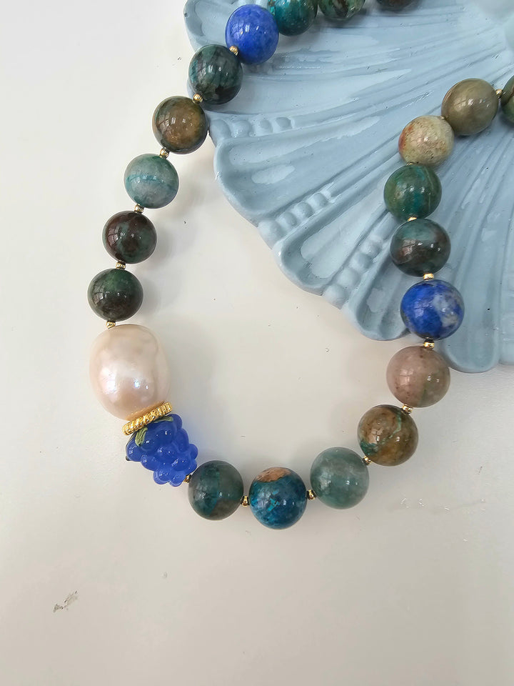 Phoenix Lapis With Baroque Pearl And Blue Raspberry Necklace NN031