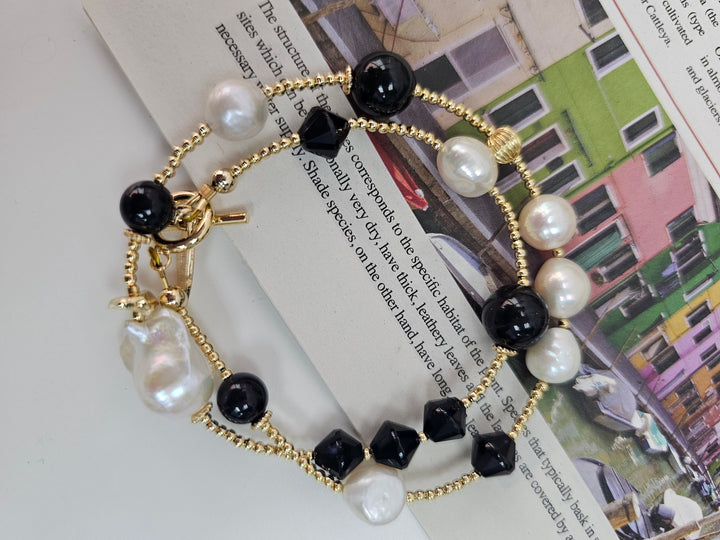 Black Obsidian and White Pearls Double Layers Bracelet / Choker NB001