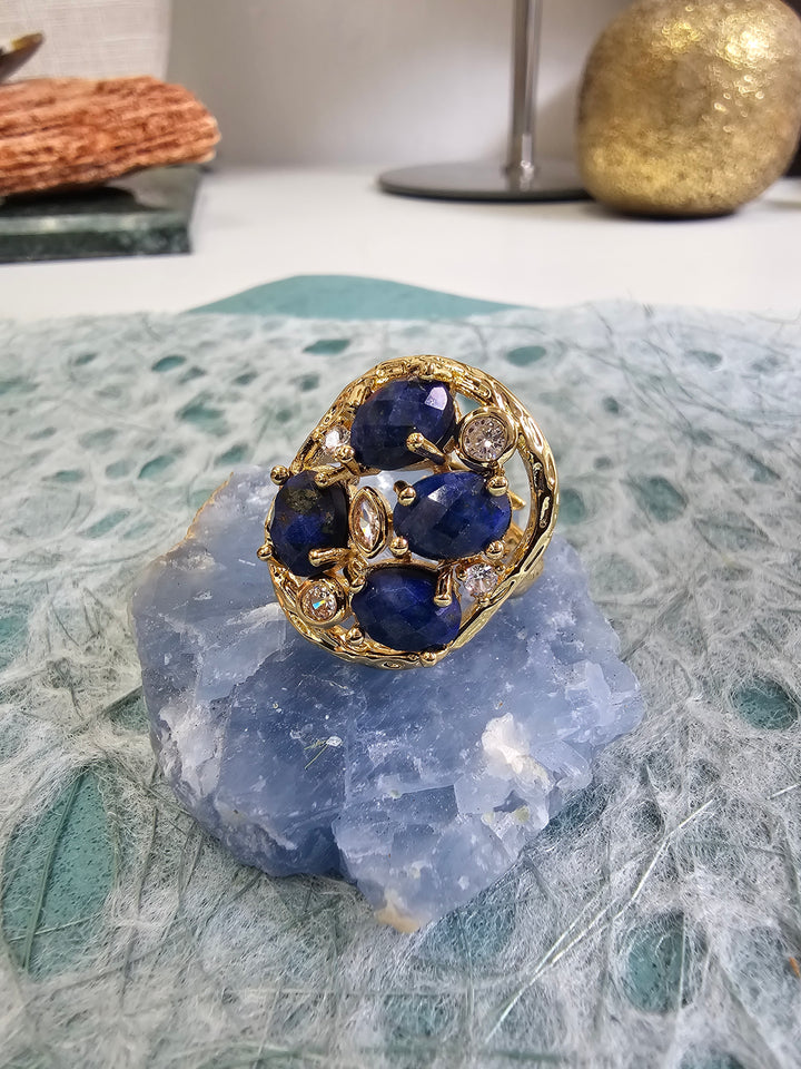 Lapis Stone With Zircon Statement Adjustable Ring NR013