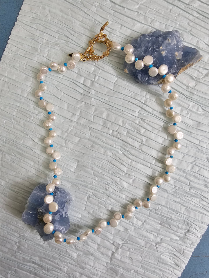 Flower Petal Freshwater Pearls With Blue Turquoise Choker NN044