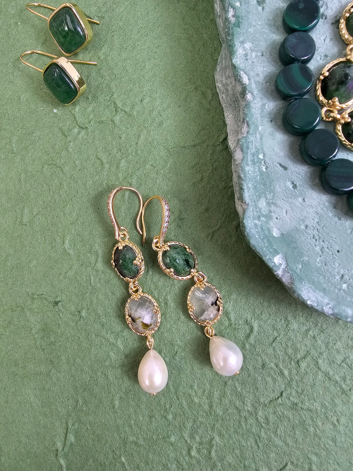 Green Gemstone With White Pearls Dangle Earrings PE043