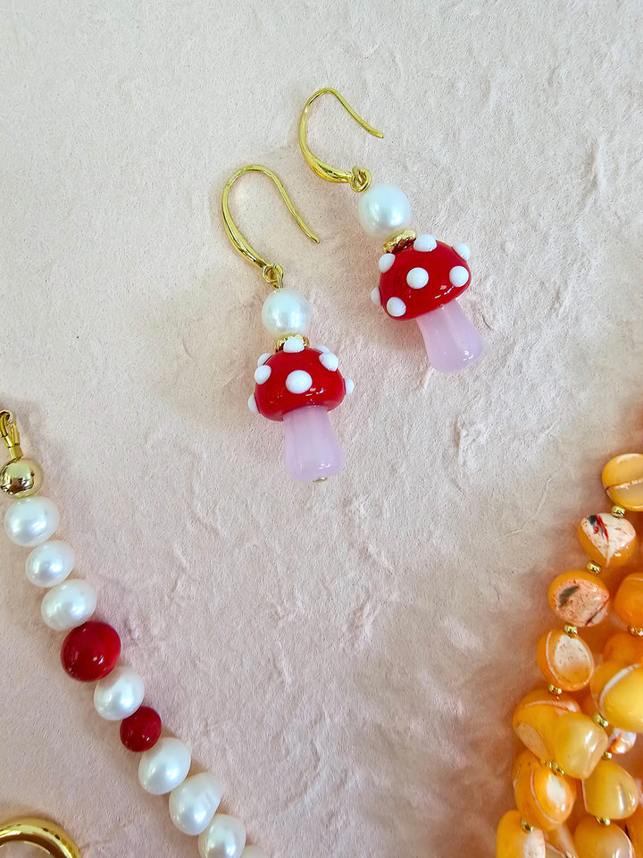 Red Mushroom and Freshwater Pearl Playful Earrings PE031