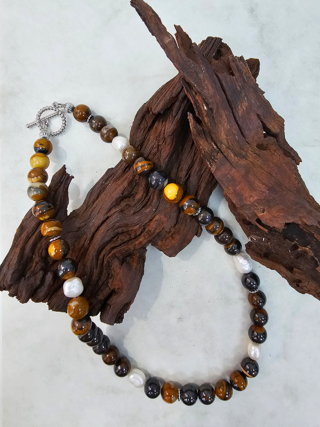 Men's Tiger's Iron Stone with Freshwater Pearls Necklace MEN19