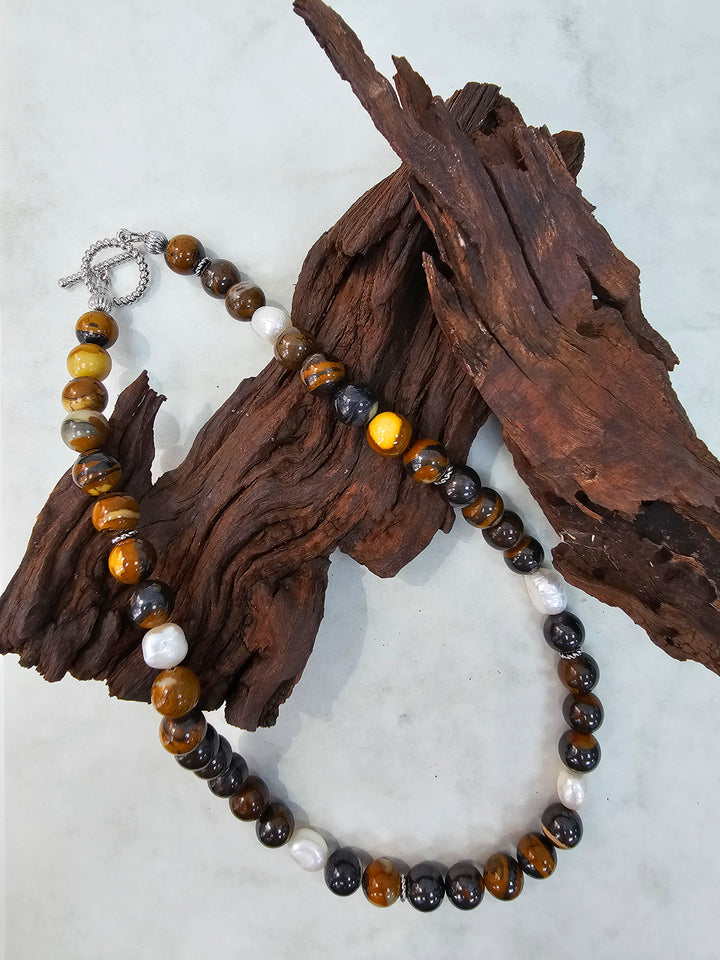 Men's Tiger's Iron Stone with Freshwater Pearls Necklace MEN19