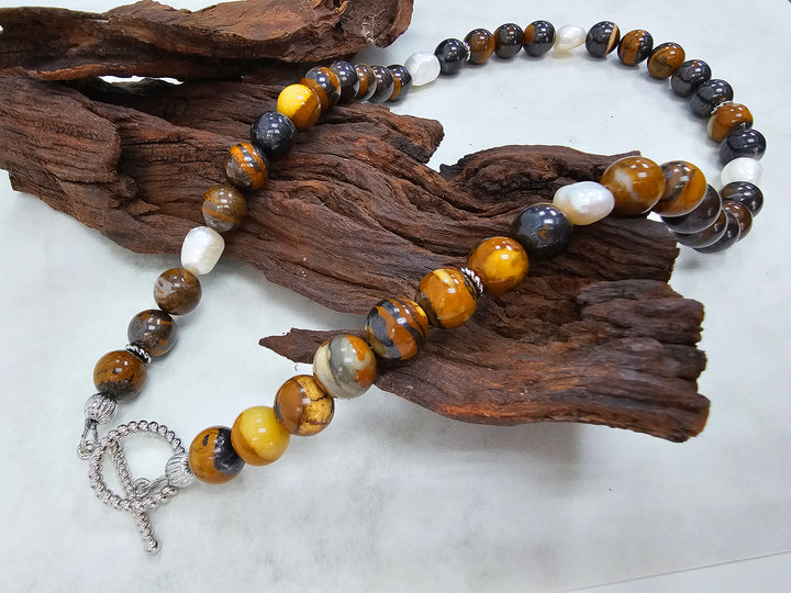Men's Tiger's Iron Stone with Freshwater Pearls Necklace MEN19