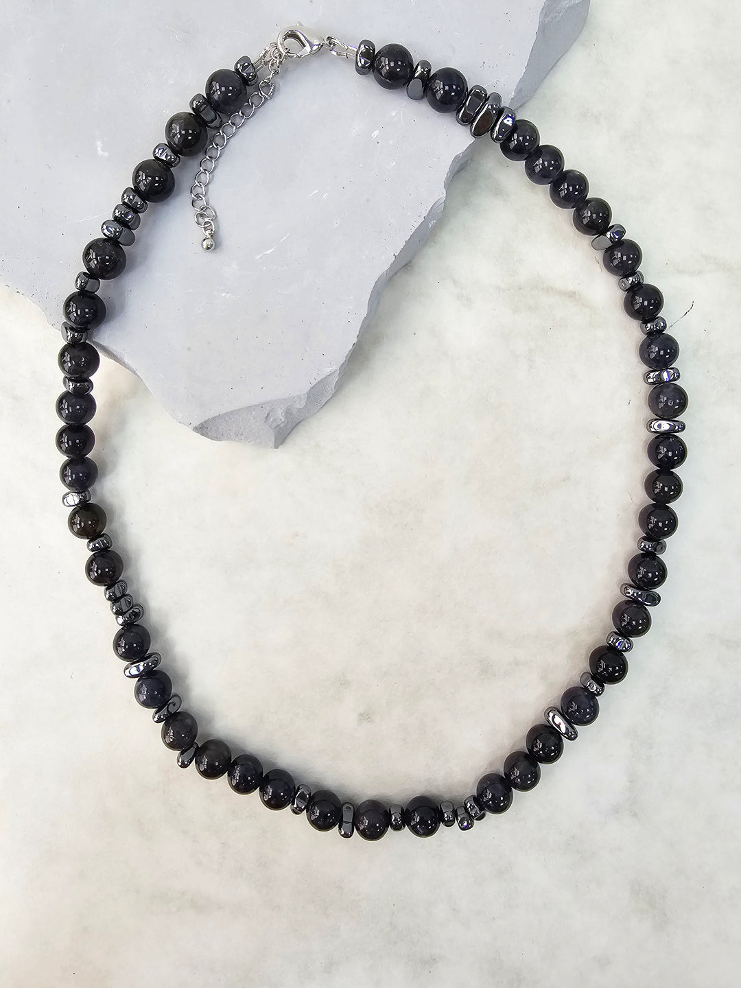 Black Obsidian With Hematite Mens Necklace MEN13