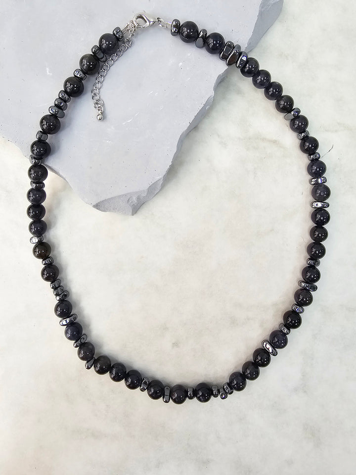 Black Obsidian With Hematite Mens Necklace MEN13