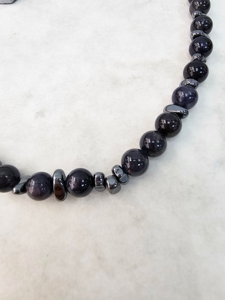 Black Obsidian With Hematite Mens Necklace MEN13