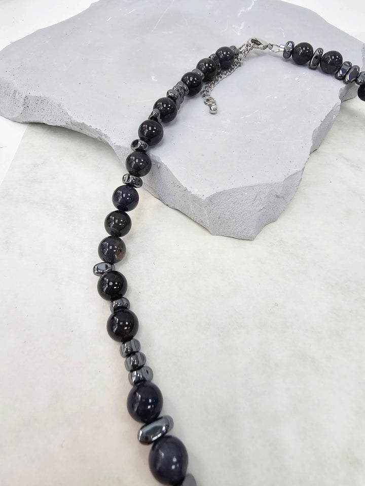 Black Obsidian With Hematite Mens Necklace MEN13