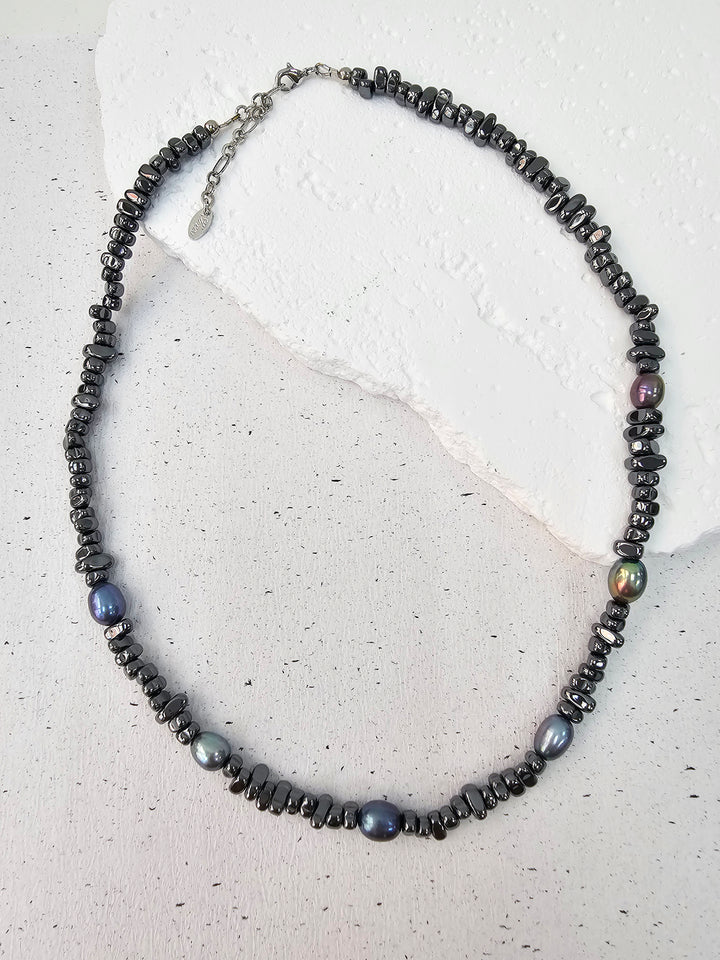 Black Hematite With Purple Freshwater Pearls Mens Necklace MEN04