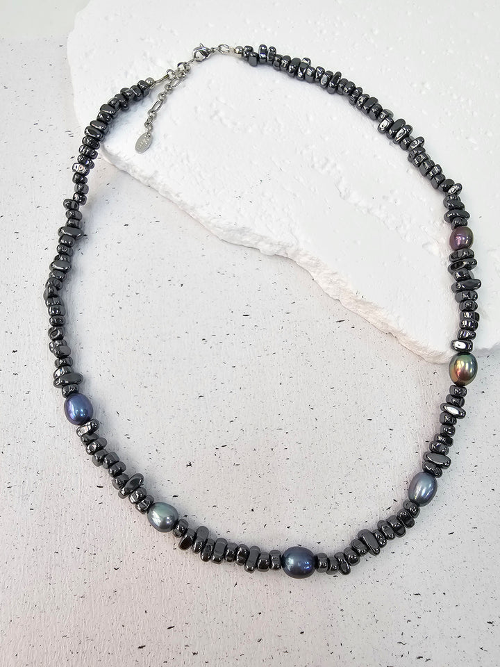 Black Hematite With Purple Freshwater Pearls Mens Necklace MEN04