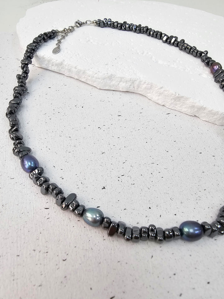 Black Hematite With Purple Freshwater Pearls Mens Necklace MEN04